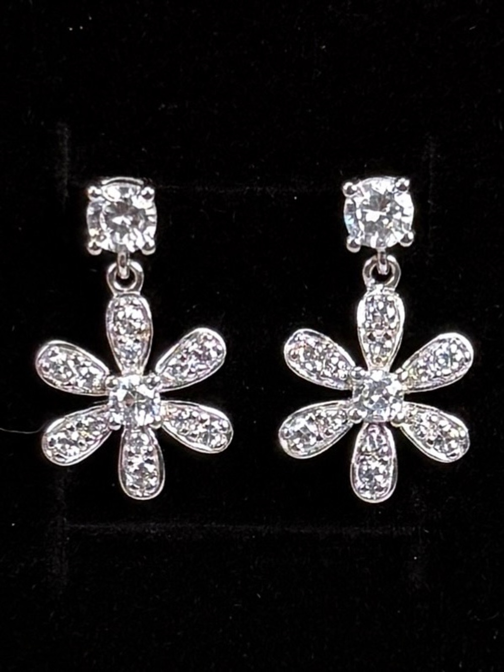 Dressy Silvertone Bling Flower dangle pierced post earrings